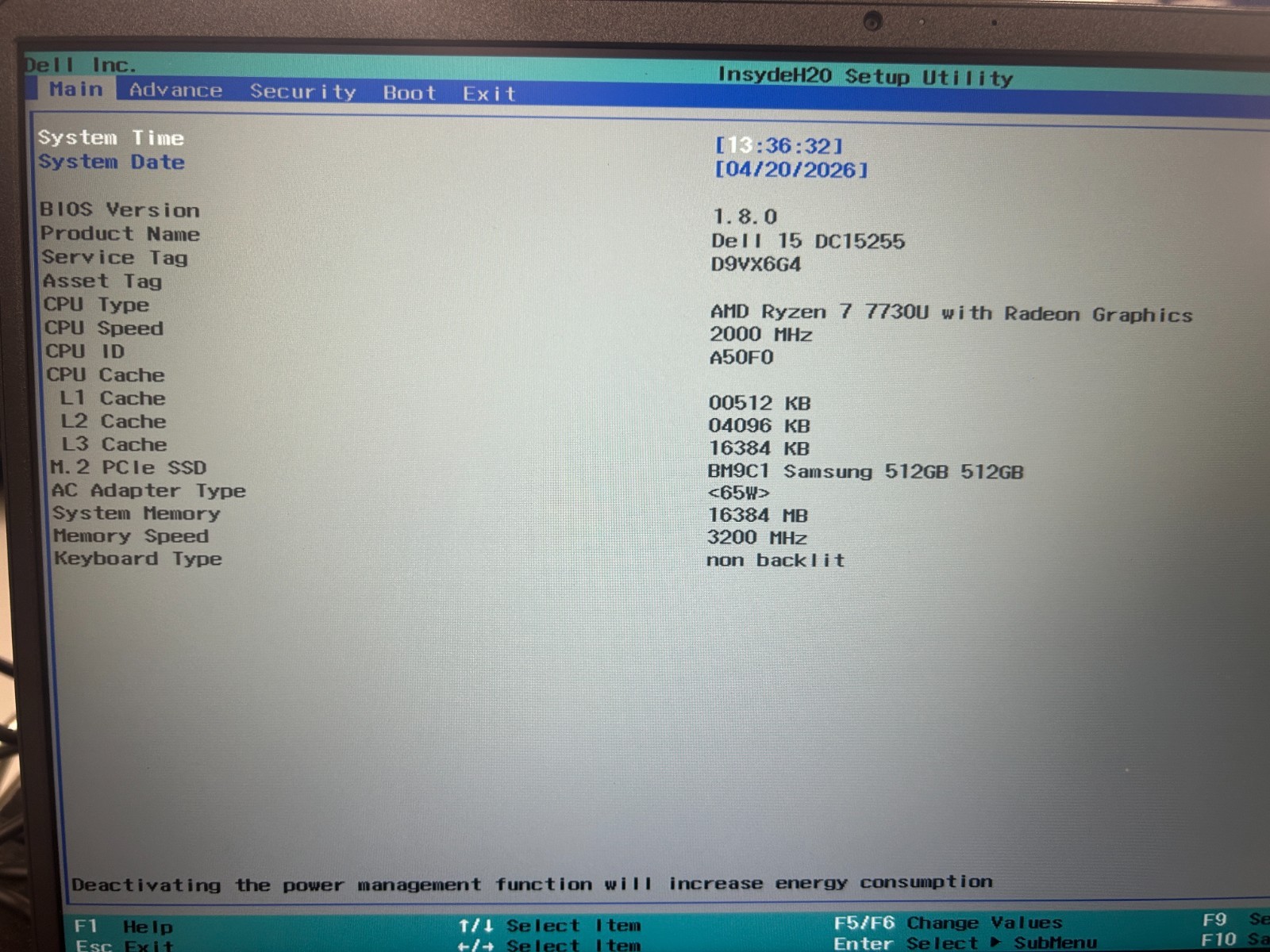 DELL 15 DC15255 G8MK9, AMD Ryzen 7 7730U, 2.00 GHz, 16 GB RAM, 512 GB NVMe