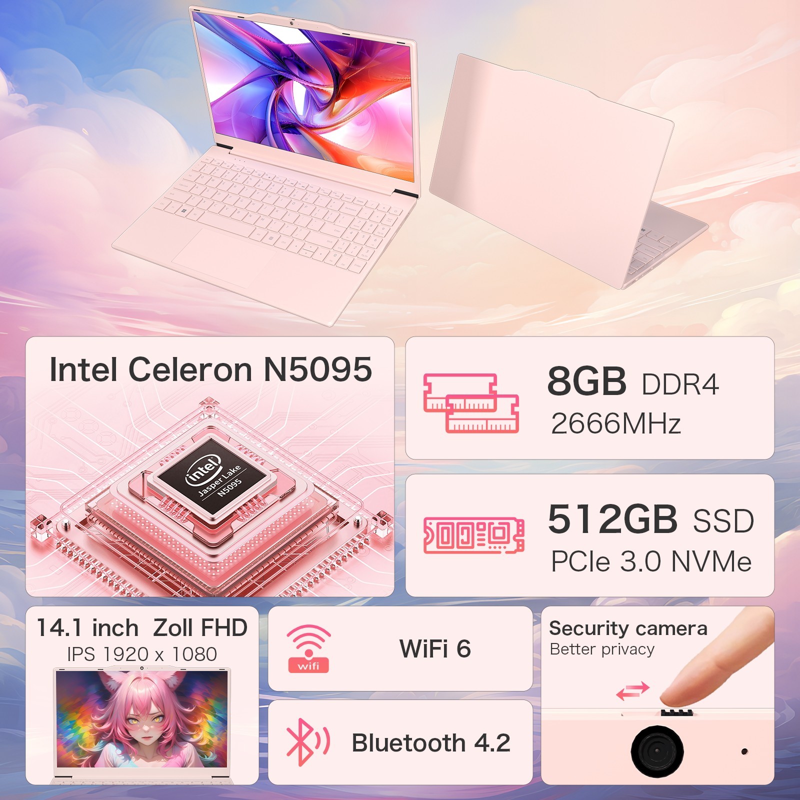 Auusda 14.1” Pink Laptop Intel N5095 8GB RAM 512GB SSD W11 Pro FHD Dual Channel