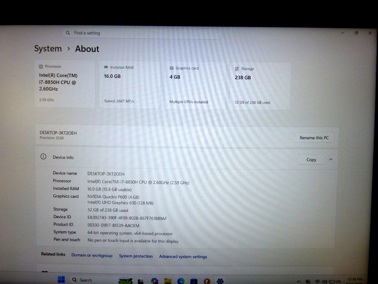 Dell Precision i7-8850H 256GB NVMe SSD, 16GB RAM NVIDIA Quadro P600 PRO RESTORED