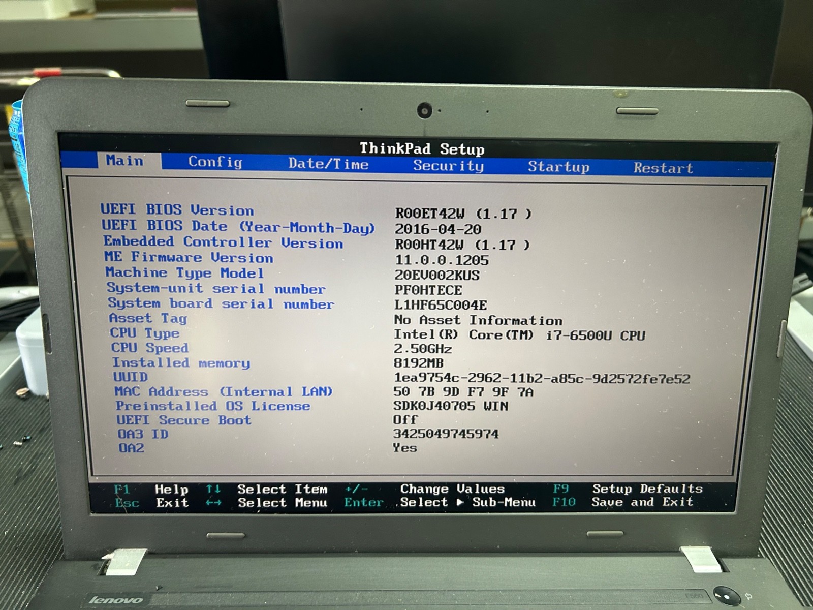 LENOVO THINKPAD E560 Laptop i7-6500U 2.50 GHZ, 8gb ram, No HD / OS