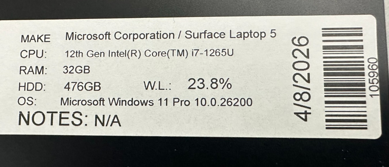 MICROSOFT SURFACE 5 LAPTOP CORE i7-1265u @ 2.70 GHZ 32GB RAM 476GB SSD (lp695)