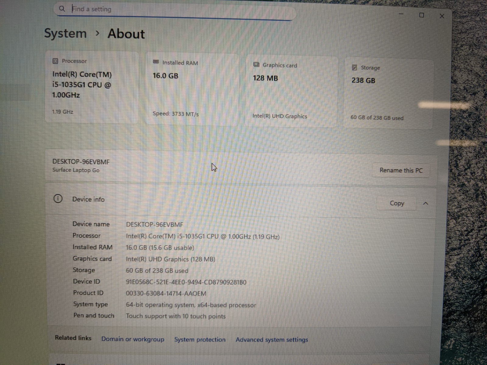 Microsoft Surface Laptop GO 1943 i5-1035G1 16GB RAM 256GB SSD Win 11 Pro