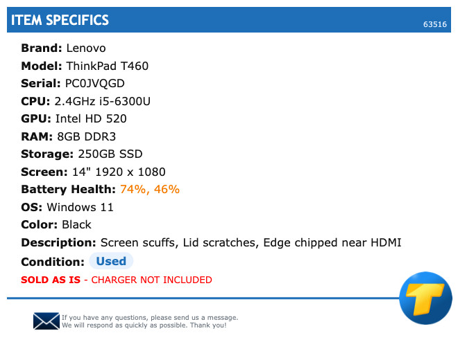 Lenovo ThinkPad T460 – 14″ FHD, 2.4GHz i5, 8GB RAM, 250GB SSD, Windows 11