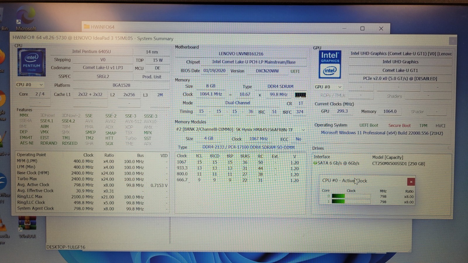 Lenovo IdeaPad 3 15IML05 15.6″ pentium 6405u 2.4ghz 8gb ram 250gb ssd PF29F3BW