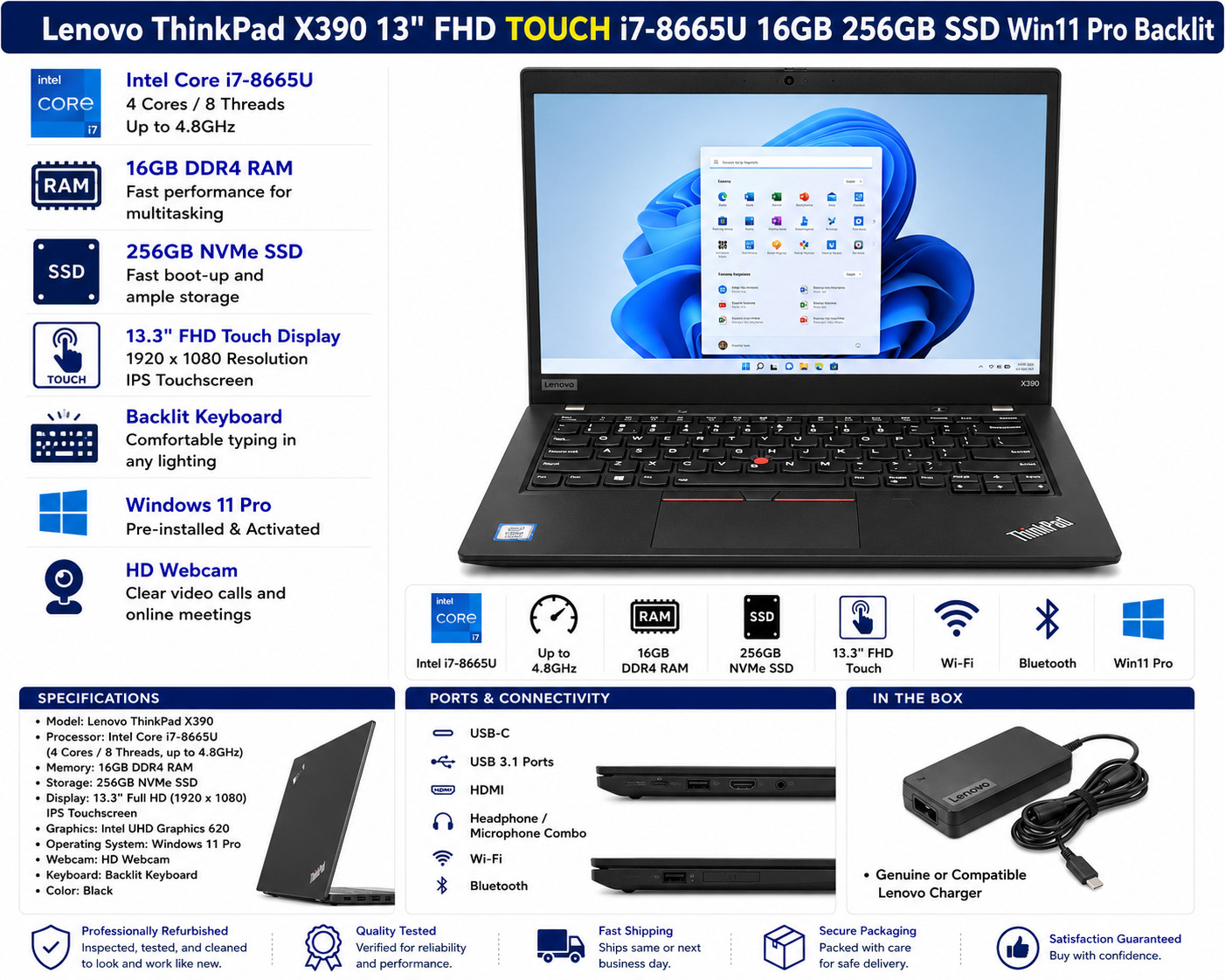 Lenovo ThinkPad X390 13″ FHD Touch i7-8665U 16GB RAM 256GB SSD Win11 Pro