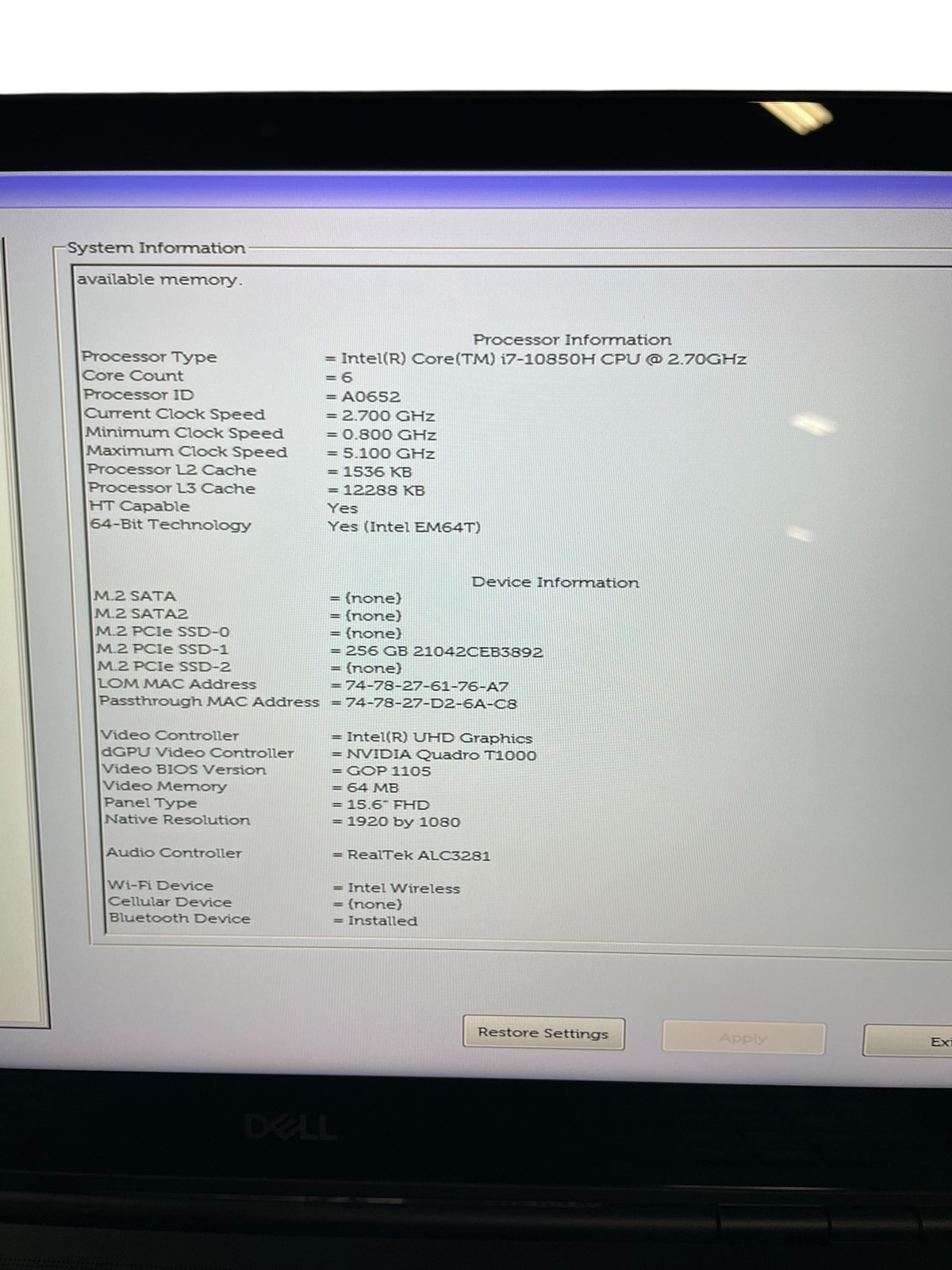DELL PRECISION 7550 I7-10850H 2.7GHz 128GB RAM 256 SSD – GRADE D