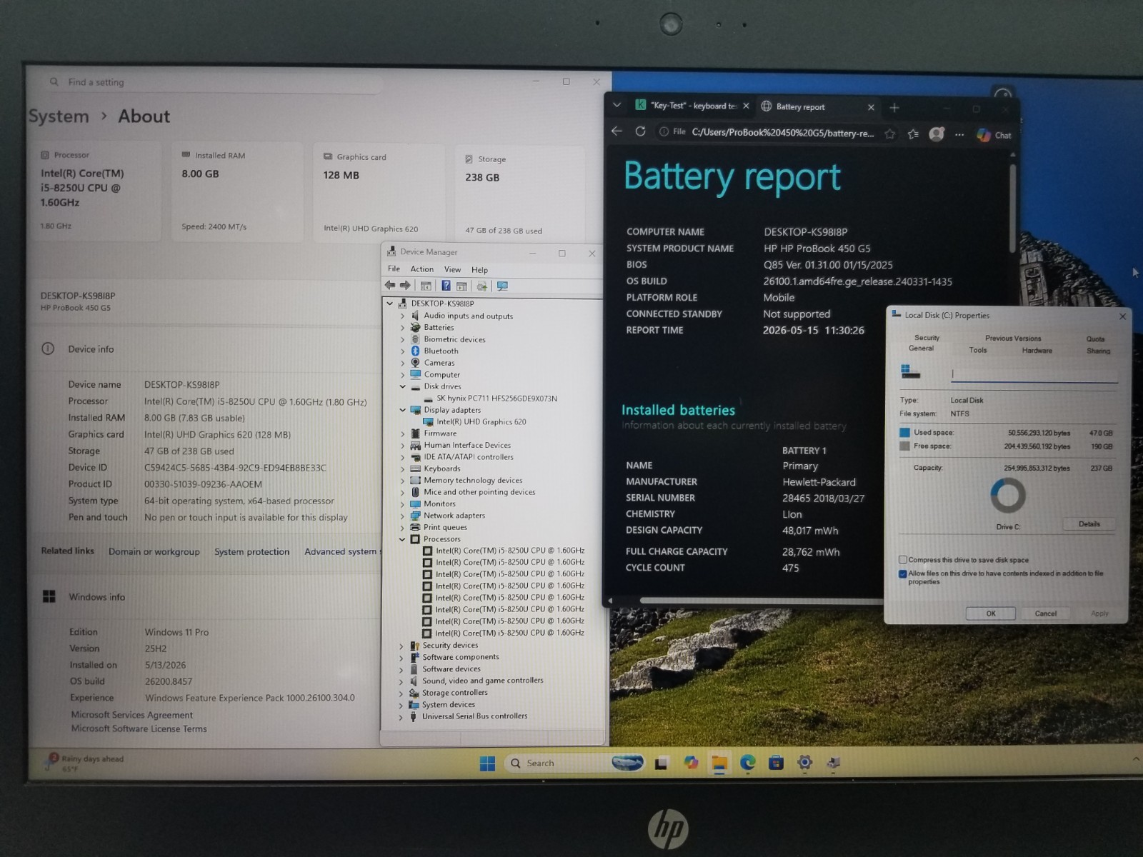 HP ProBook 450 G5 15.6″ FHD i5-8250U 1.6GHz 8GB RAM 256GB NVMe Win 11 Pro NO AC