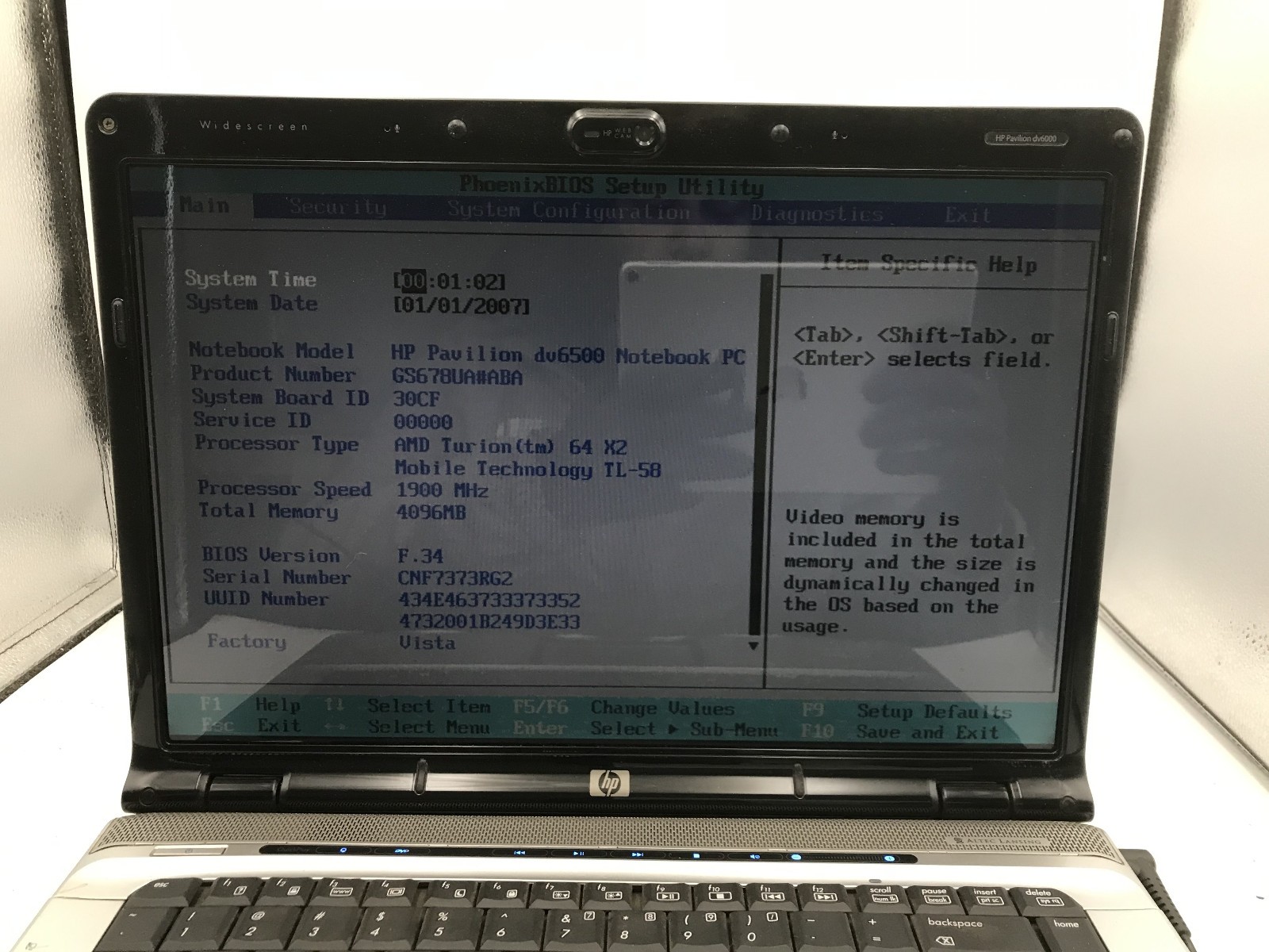 HP PAVILION DV6500 – BOOTS TO BIOS – AMD TURION 64 X2 – 4GB RAM – READ DESC – BB