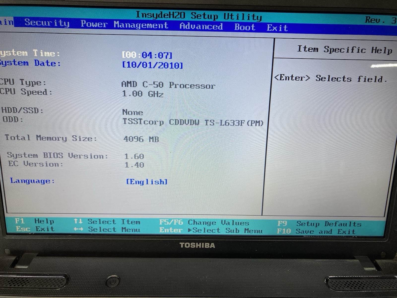 Toshiba Satellite C655D-S5202 AMD C-50 1.00GHz 4GB RAM No HDD | Boot to BIOS