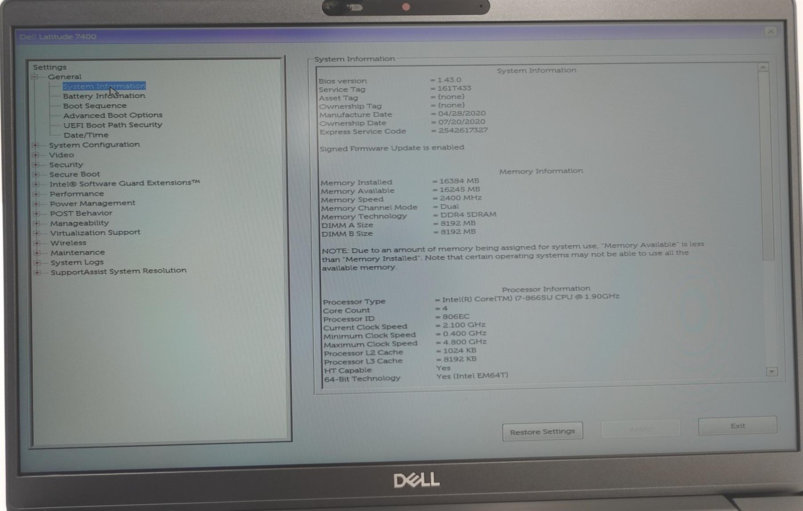 Dell Latitude 7400 14″ Core I7-8665U 1.90GHz 16GB 256GB SSD Laptop