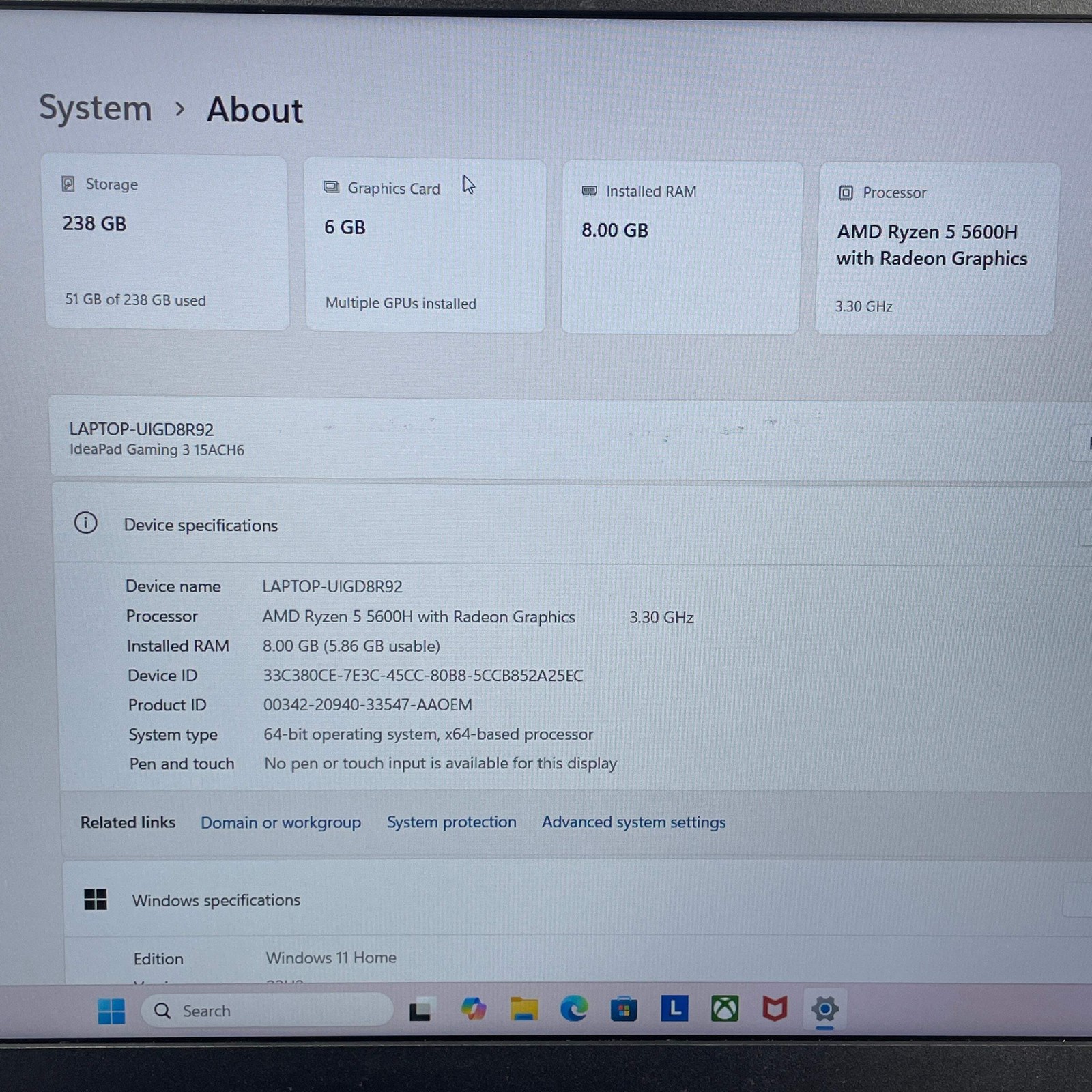 Lenovo IdeaPad 3 15ACH6 15.6″ Ryzen 5 5600H 3.3GHz 8GB RAM 256GB SSD RTX 3050 Ti