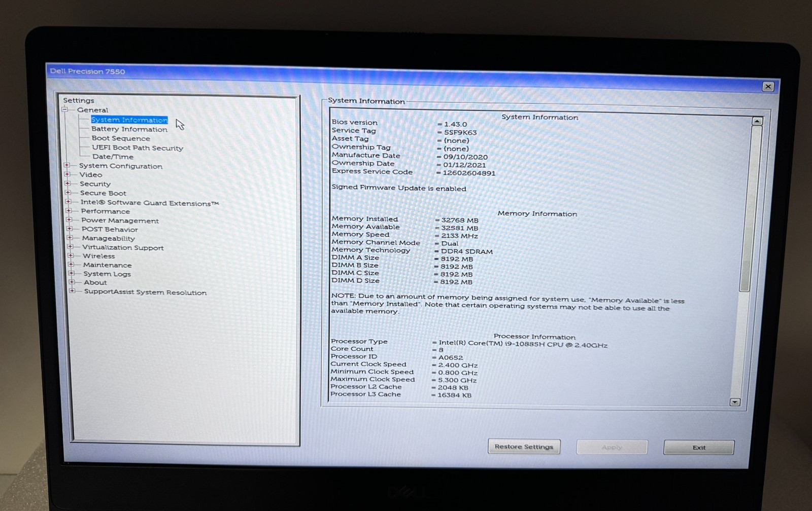 Dell Precision 7550 15.6″ Laptop i9-10885H 32GB 1TB Nvidia RTX3000 Windows 11