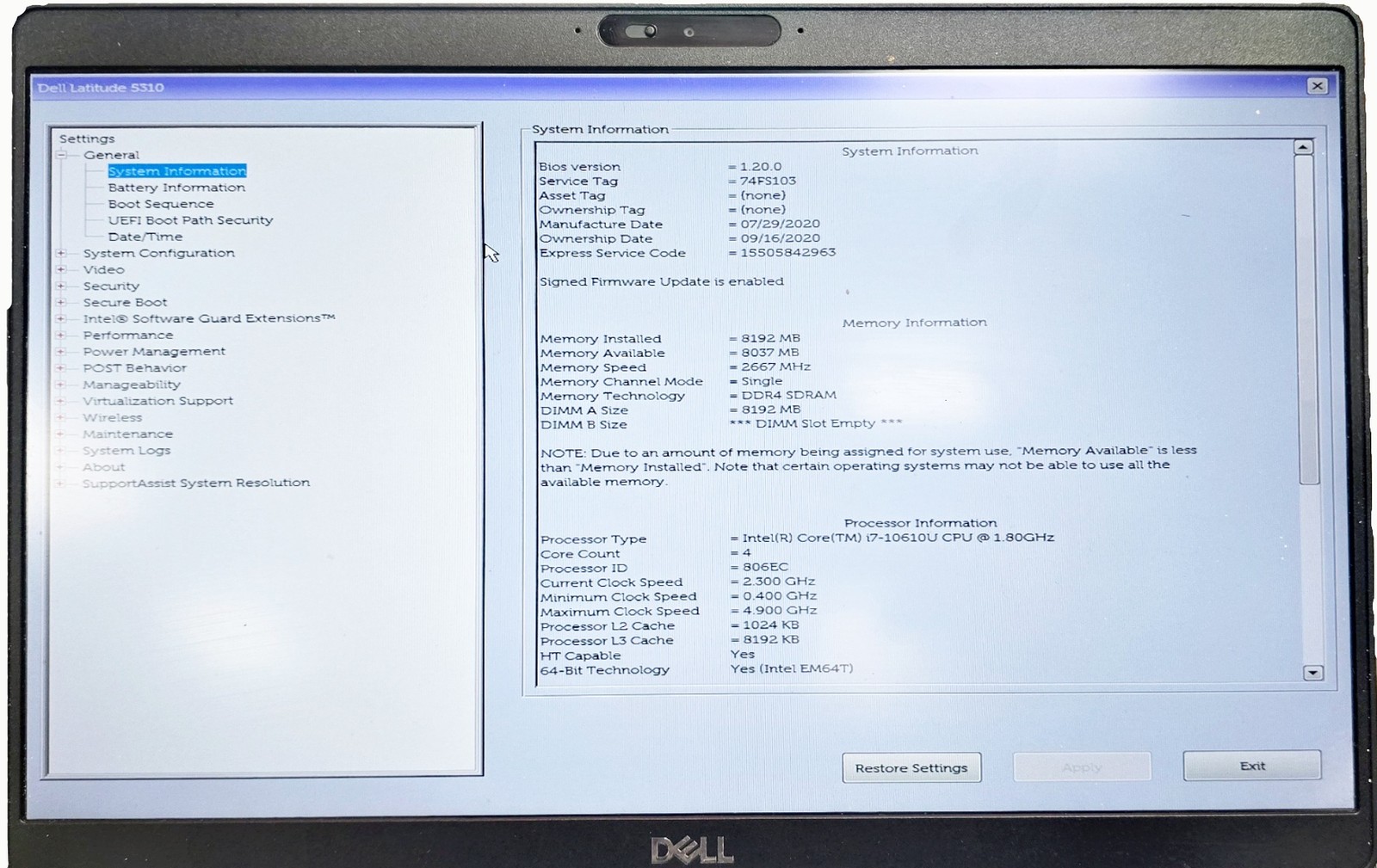 Dell Latitude 5310 Laptop 13.3″ FHD i7-10610U 2.30GHz 8GB RAM