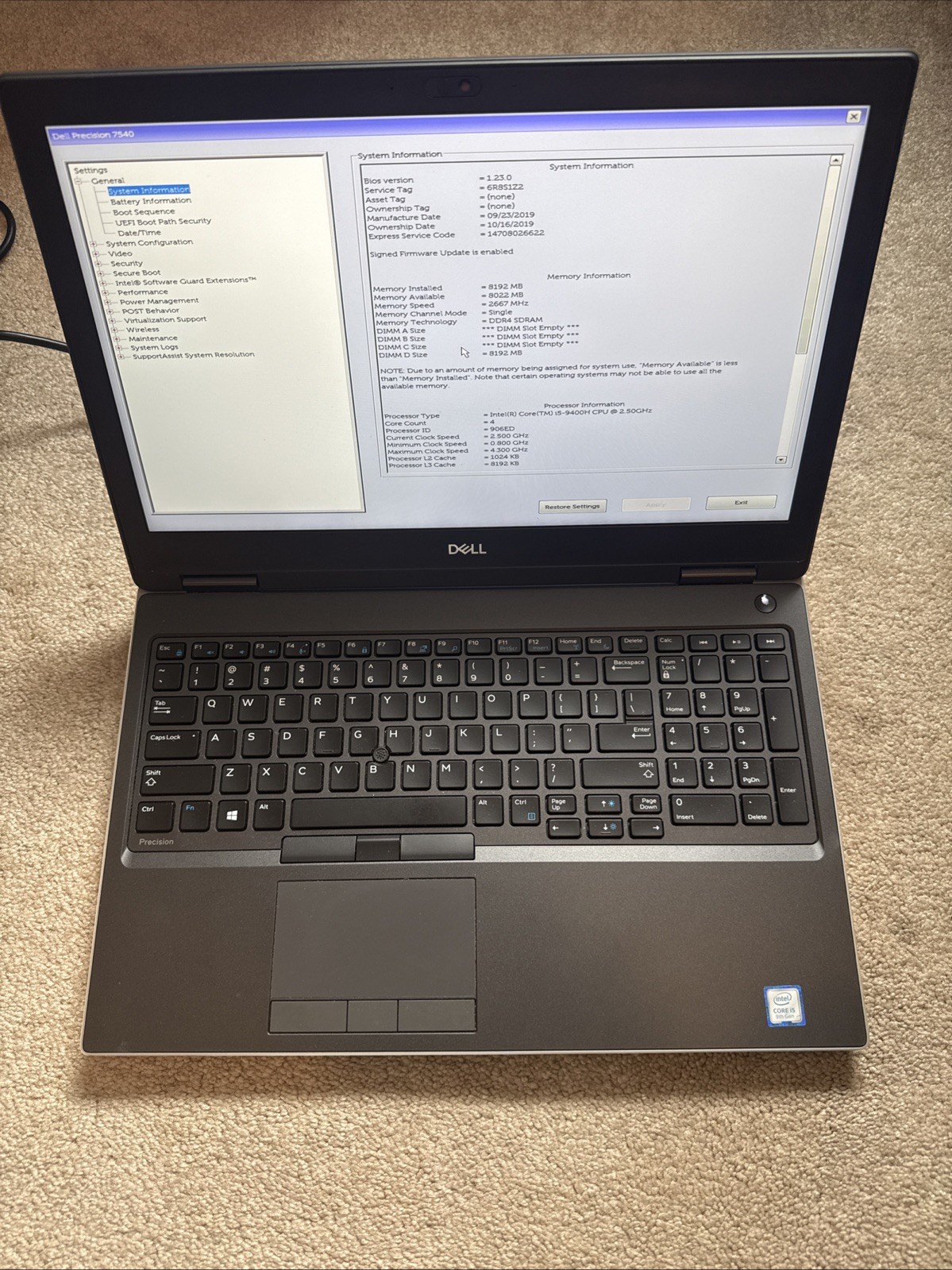 Dell Precision 7540 15.6″ 8GB i5-9400H, Titan Grey