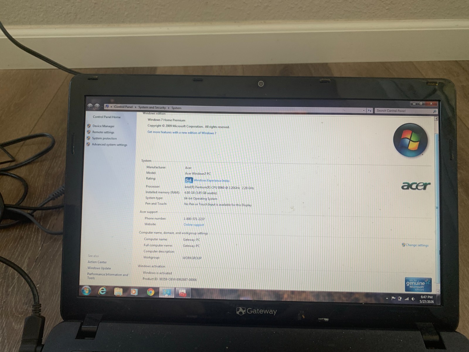 Gateway NV57H62u 15.6″ Intel Pentium B960 2.20GHz 4GB 320GB HDD Win 7 Home
