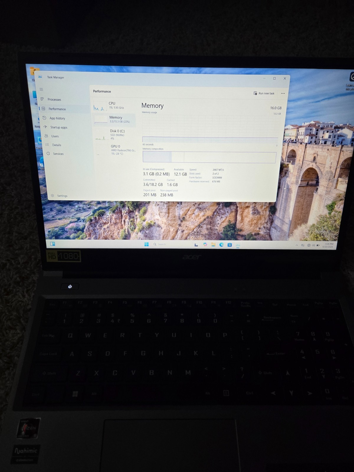 Acer Aspire Lite, Samsung NVMe SSD 1TB, AMD Ryzen 5, 16gb RAM (NO AC ADAPTER)