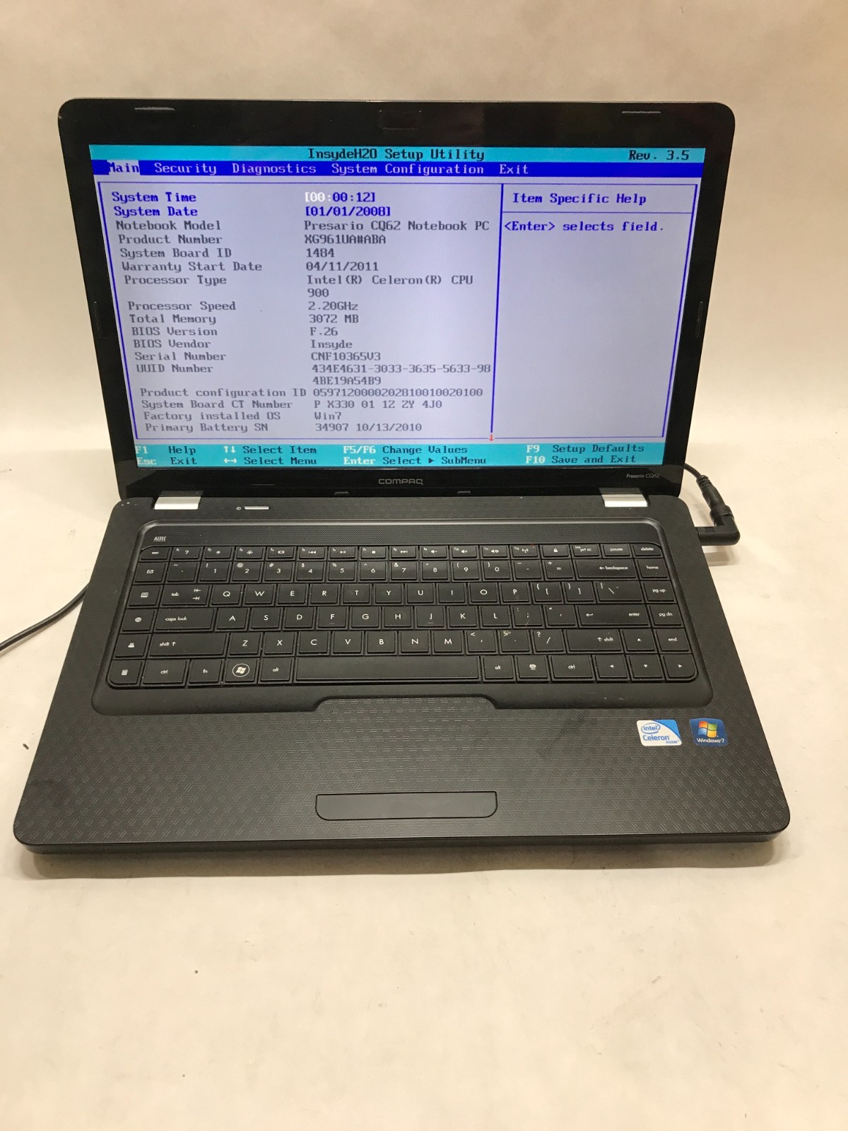 HP Compaq CQ62-411NR 15″ Intel Celeron 3GB RAM NO HDD NO OS Boots To BIOS!! – DW