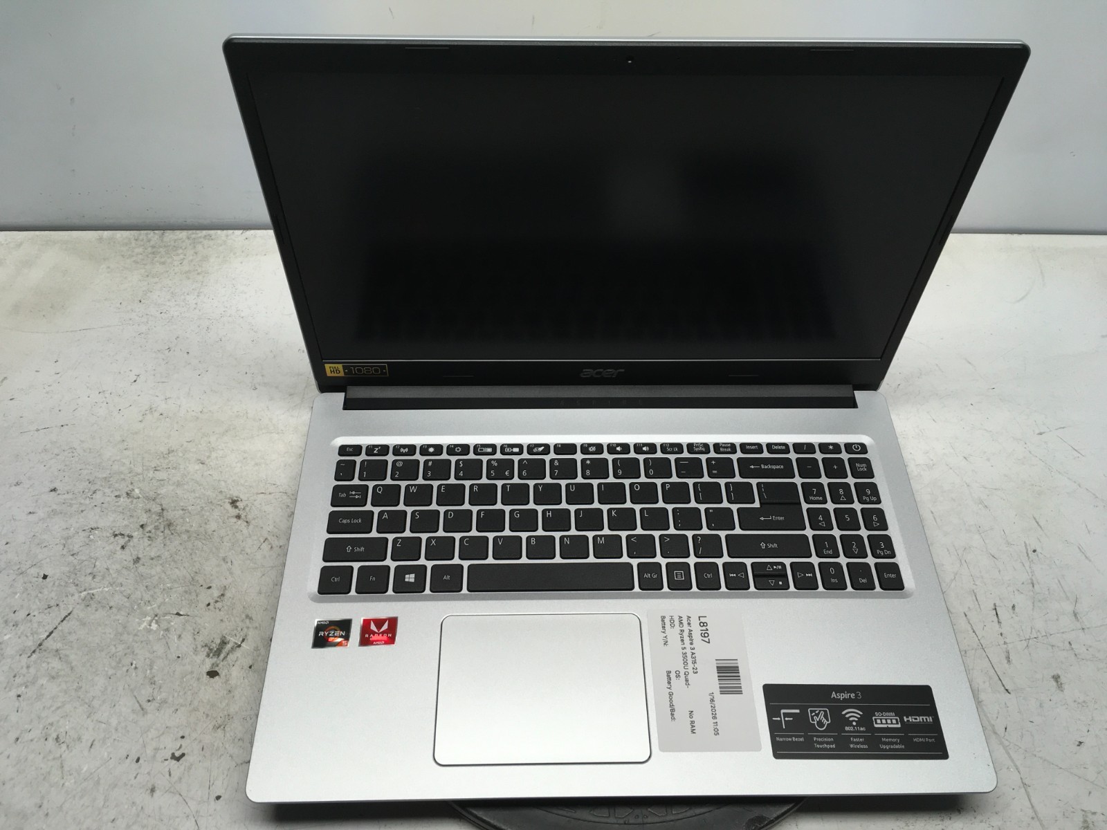 Acer Aspire 3 A315-23 AMD Ryzen 5 3500U 2.1GHz No RAM NO HDD