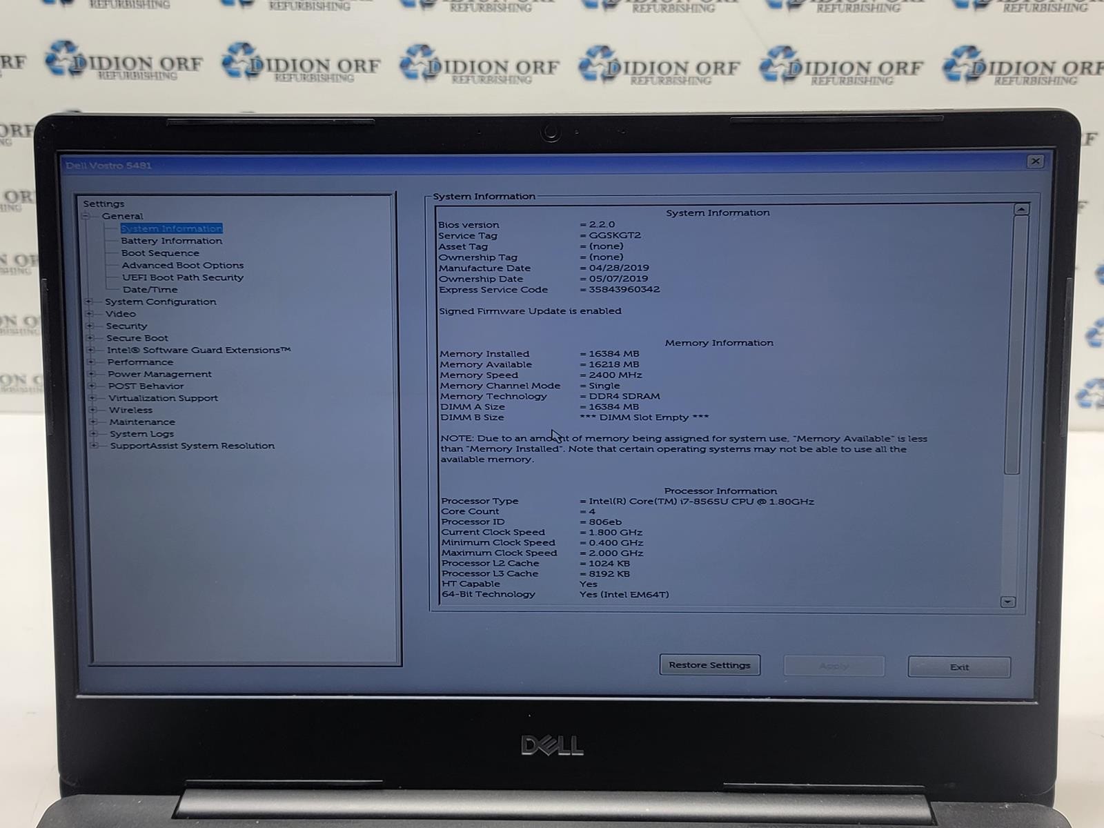 DELL Vostro 5481 i7 8565U 1.80GHz 16GB RAM NO HDD/SSD NO OS SKU 25172