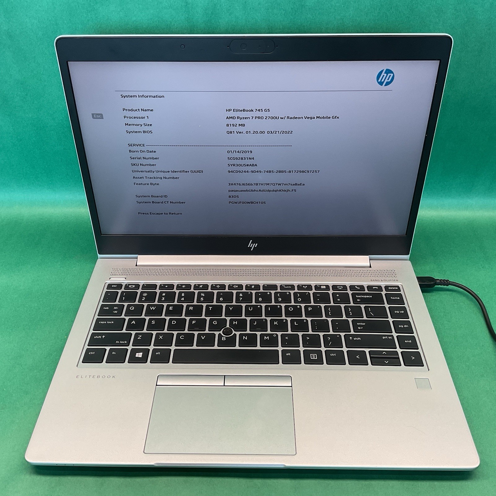 HP Elitebook 745 G5 AMD Ryzen 7 Pro 2700U – Powers On – NO HARD DRIVE- Untested