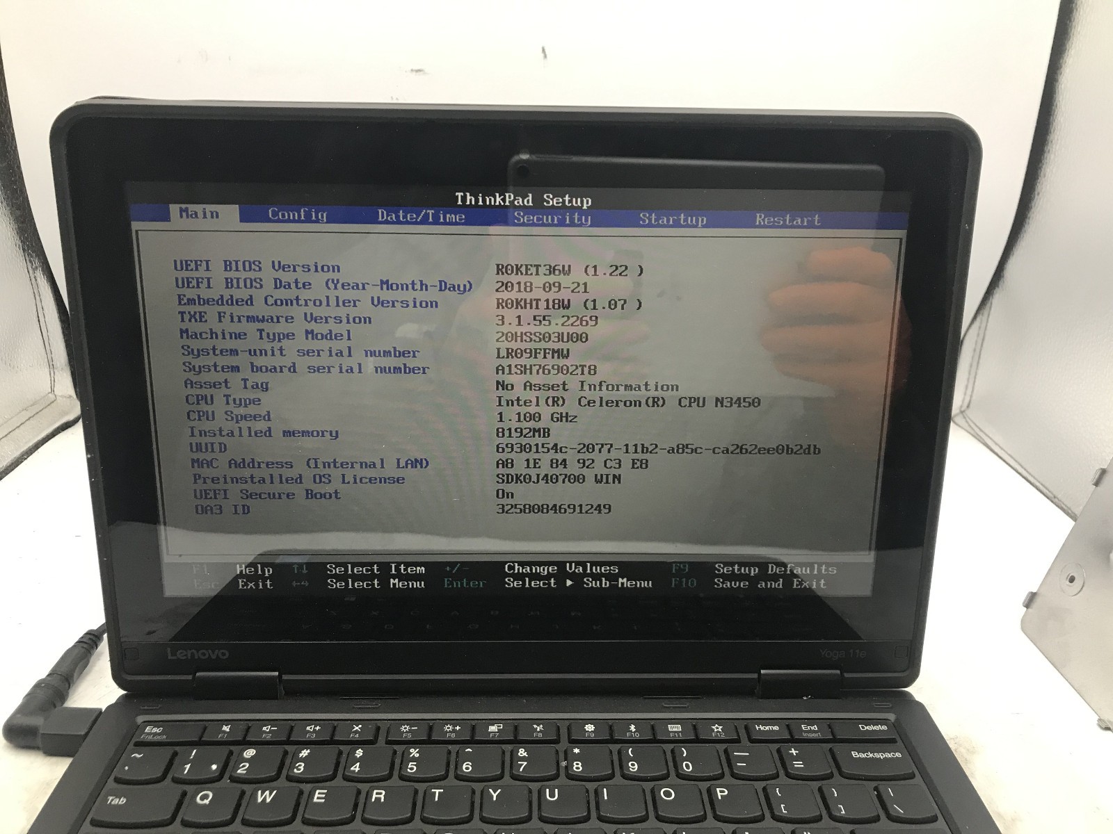 LENOVO THINKPAD YOGA 11E -BOOTS TO BIOS- INTEL CELERON N3450 – NO RAM – READ -BB