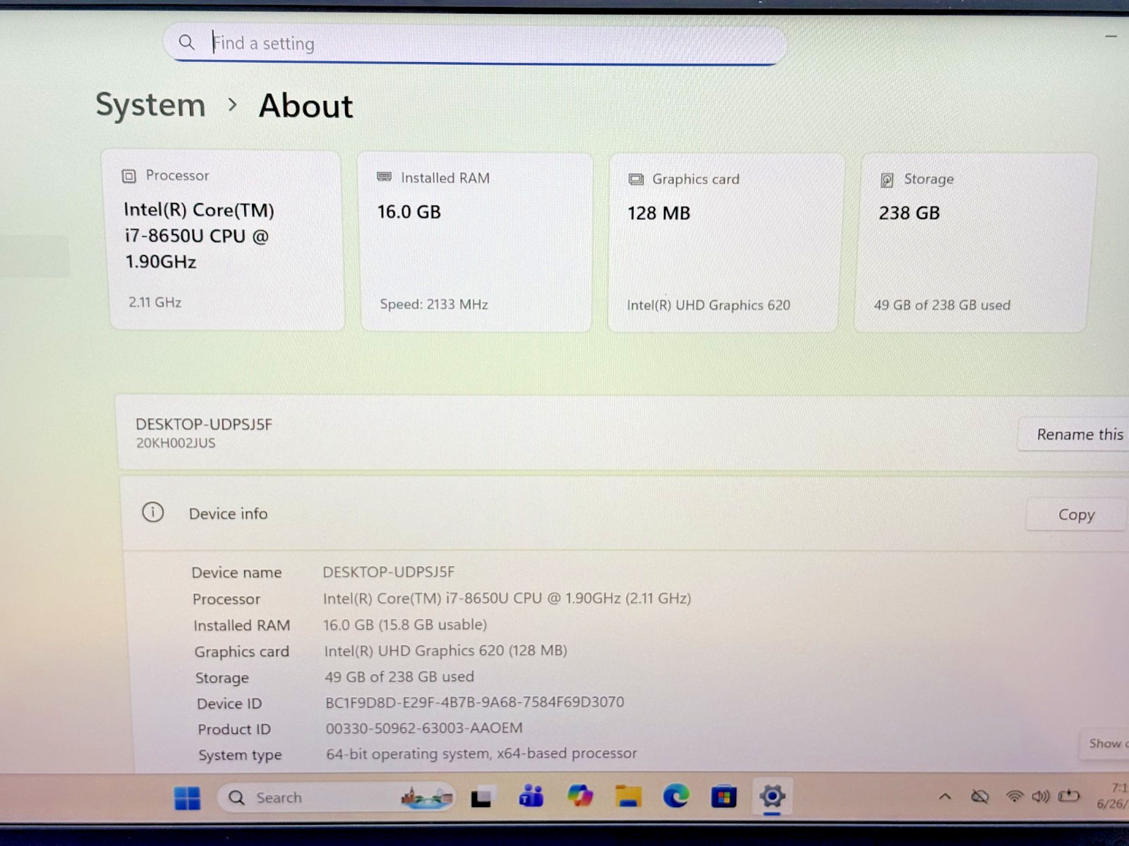 Lenovo ThinkPad x1 Carbon Gen 6 Core i7-8th Gen 1.90GHz 16GB RAM 256GB SSD W11P*