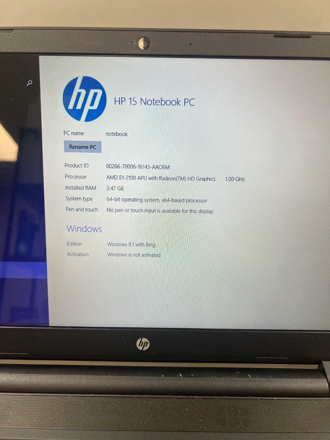 HP Laptop 15-F009WM 15.6″ E1-2100 1.0GHz 4GB RAM 500GB HDD Bad Battery