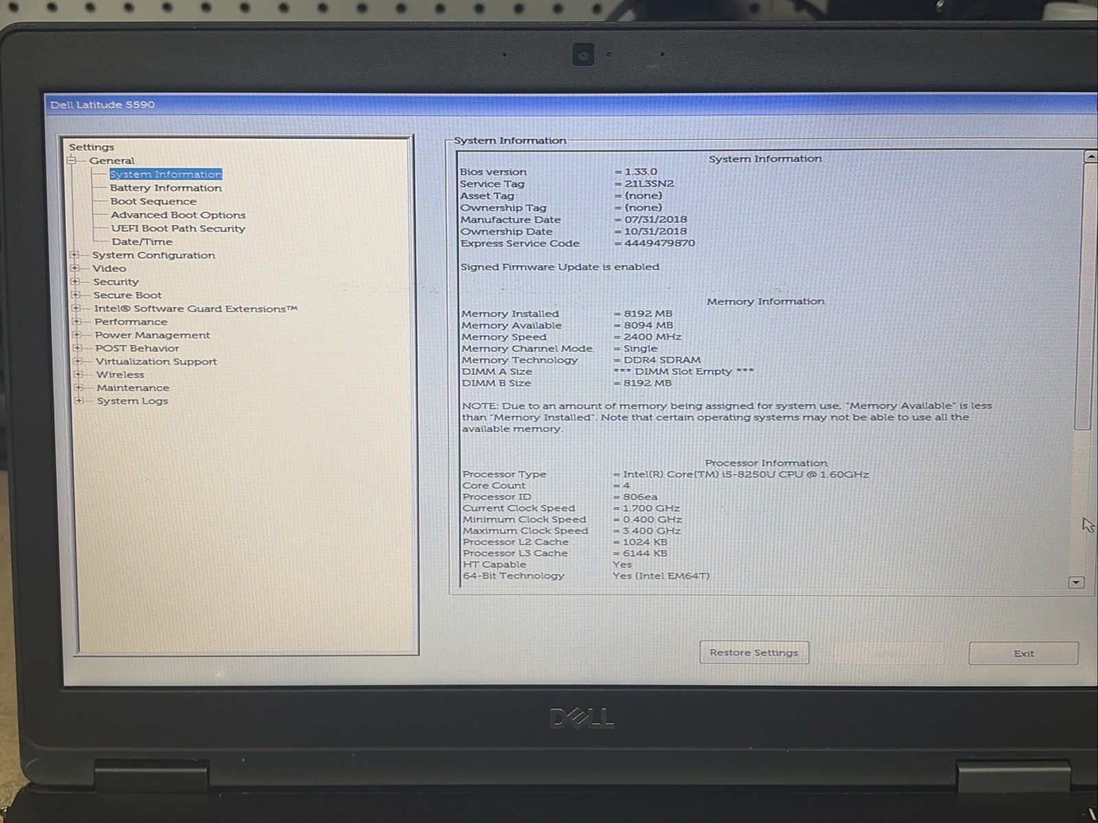 Dell Latitude 5590 15.6″ HD i5-8250u 8GB RAM No OS/SSD