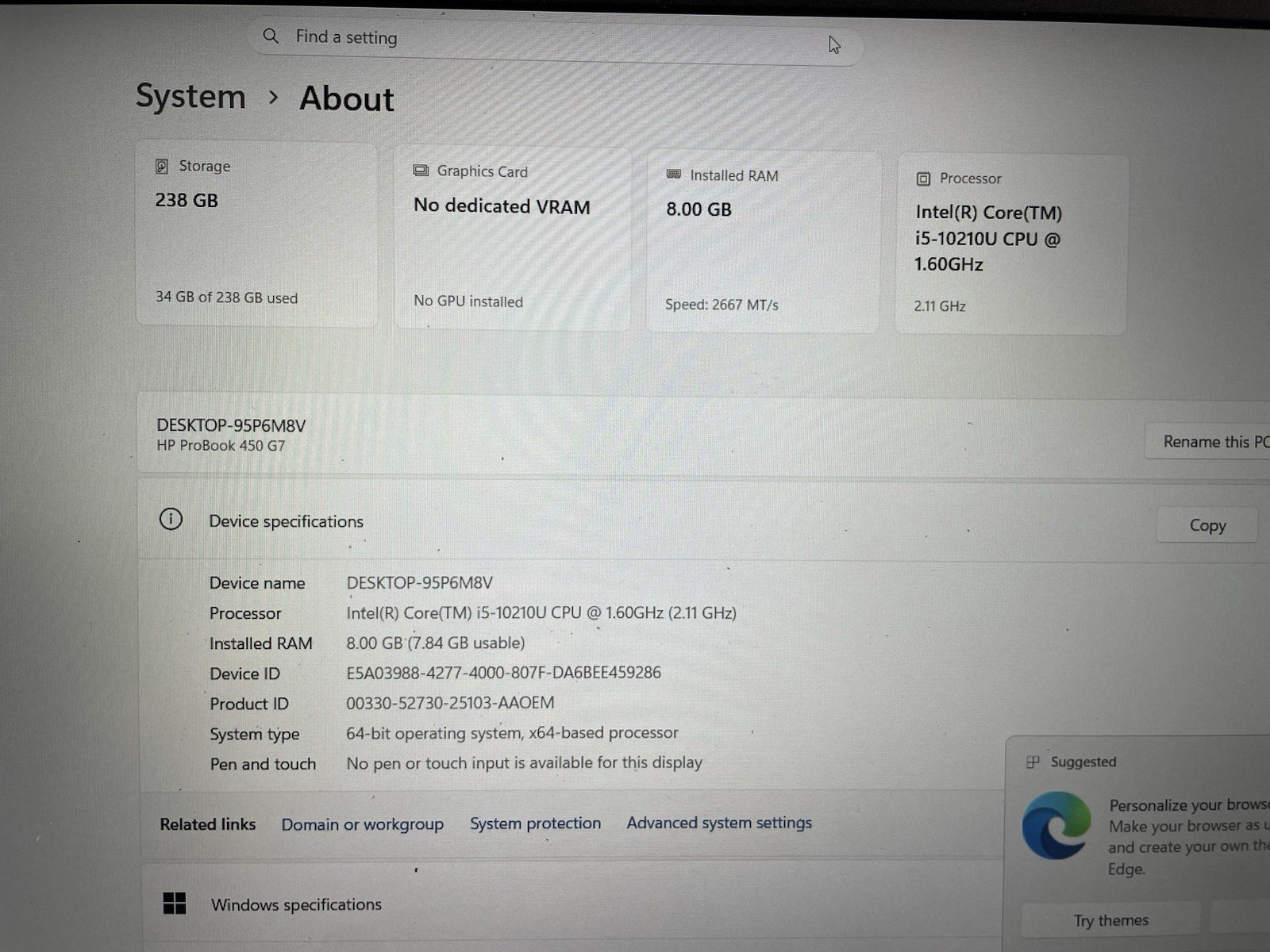 HP Probook 450 G7 256gb SSD Win 11 i5-10210u Quad Core 2.11ghz 8gb RAM Webcam 3
