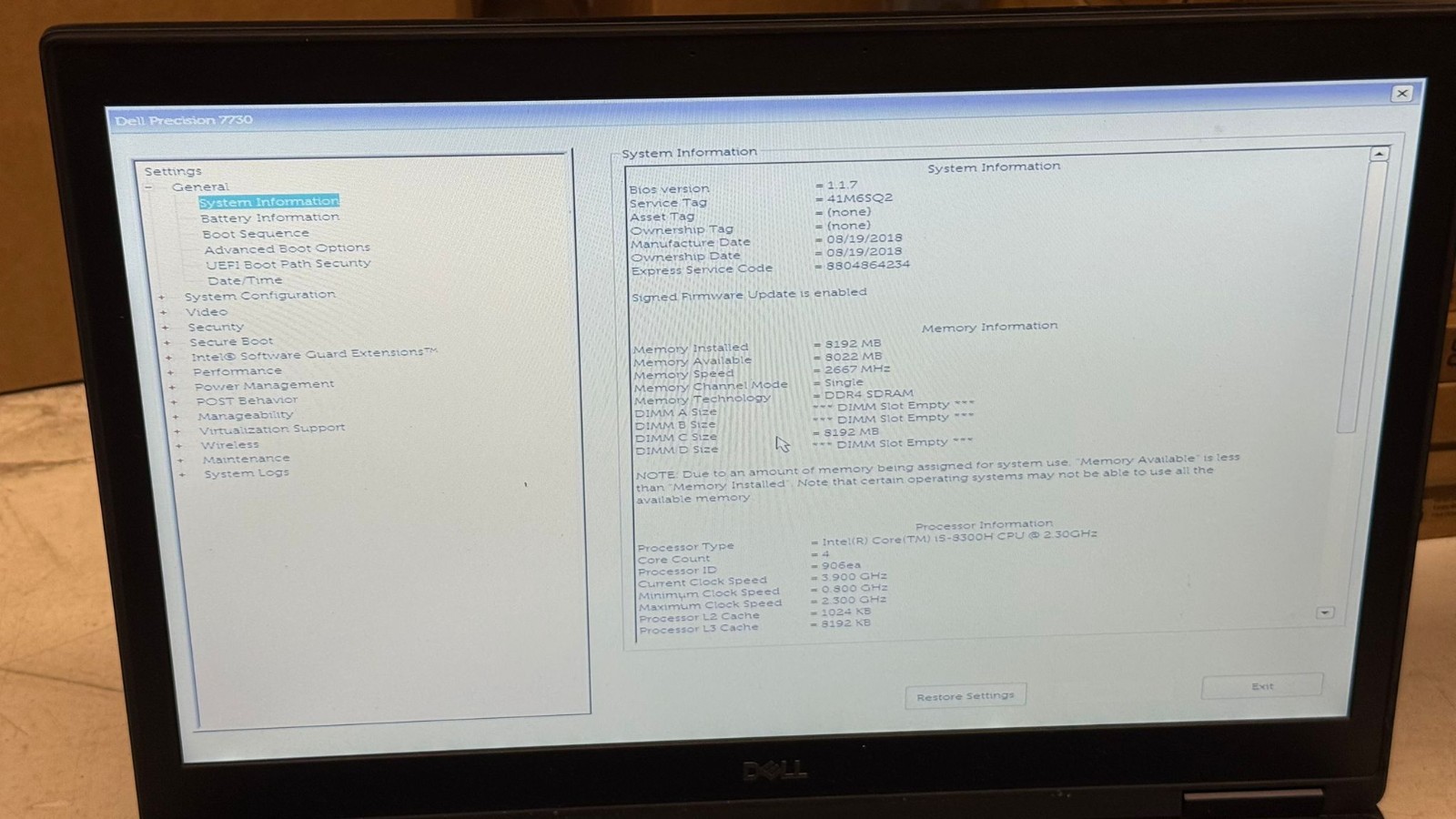 Lot of 9 Dell Precision 7730 17″ Laptop Core i5-8300H 8GB RAM NO SSD Boot Bios