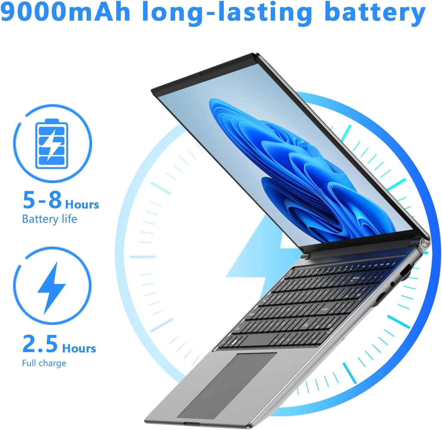 Laptop 16-Inch 8GB DDR 256GB SSD Portable Laptop Computer, Expandable to 1TB, AM
