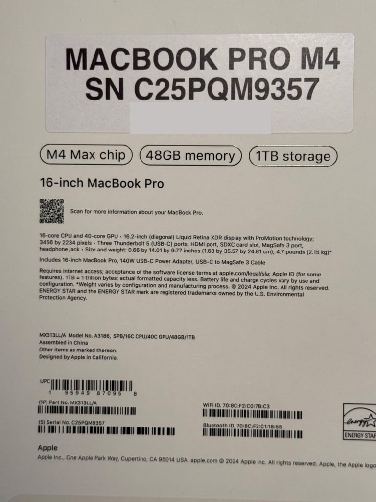 Apple | 16″ MacBook Pro MAX M4 | 48Gb 40Core |. 1 TB – APPLECARE+ | MX313LL/A