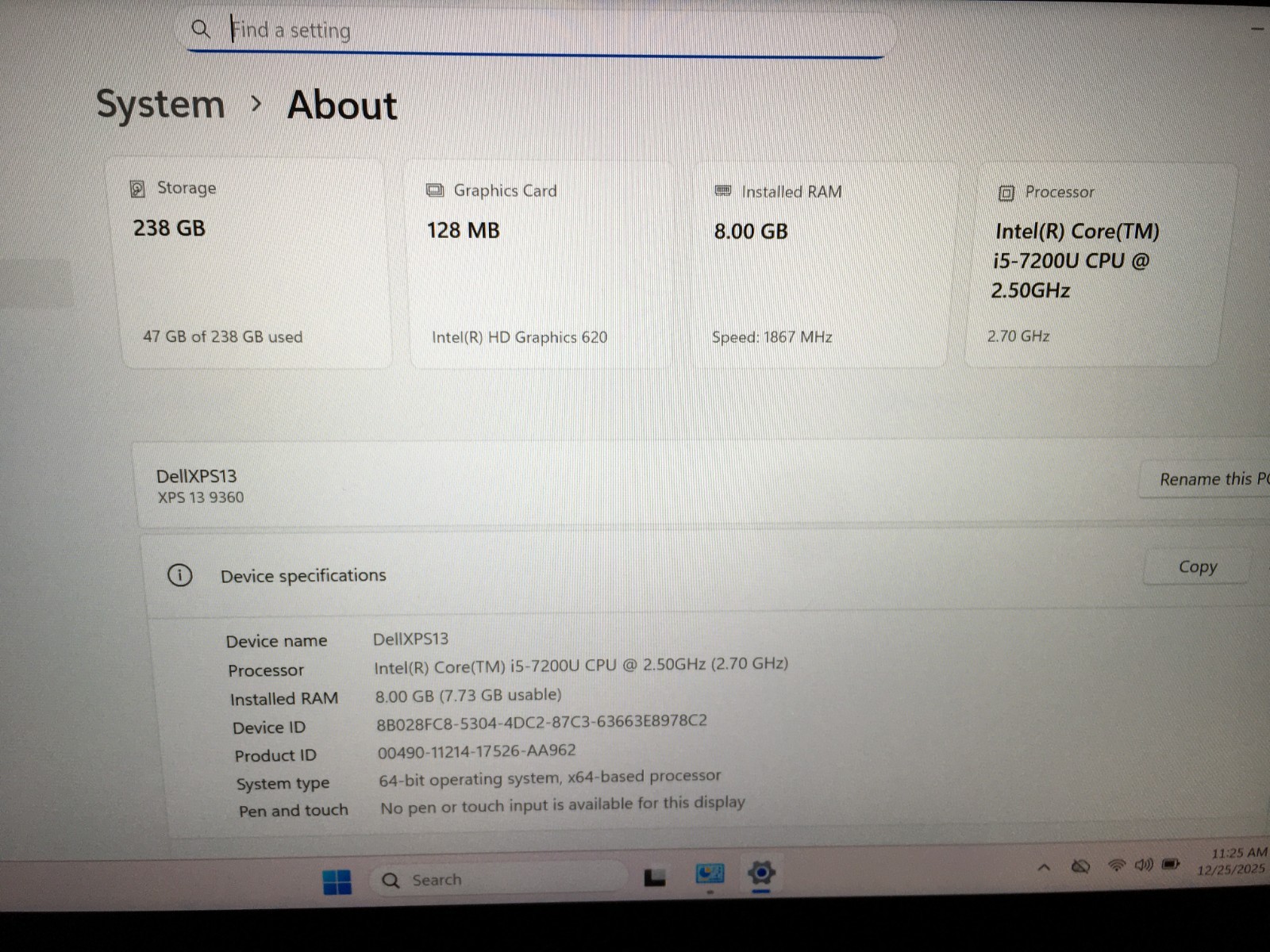 Dell XPS 13 Intel i5-7200U 2.5GHZ, 256GB NVMe, 8GB RAM, Win11 Office 2024