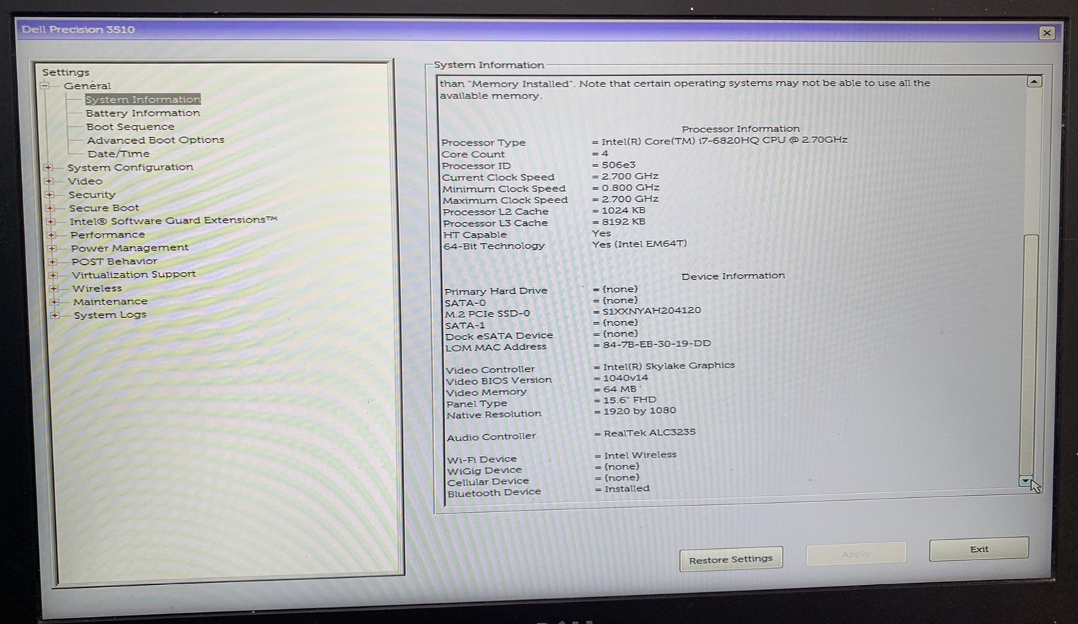 Dell Precision 3510 15.6” Intel Core i7-6820HQ 8GB DDR4 RAM 500GB SSD WIN 10P