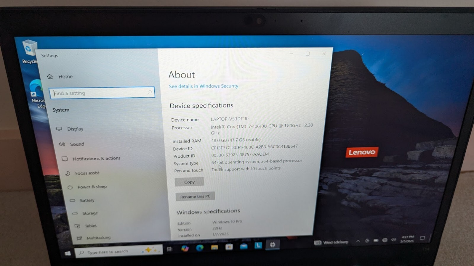 Lenovo T14 G1 i7-10610U 48GB RAM/500 GB SSD – Win 10 Pro TOUCHSCREEN