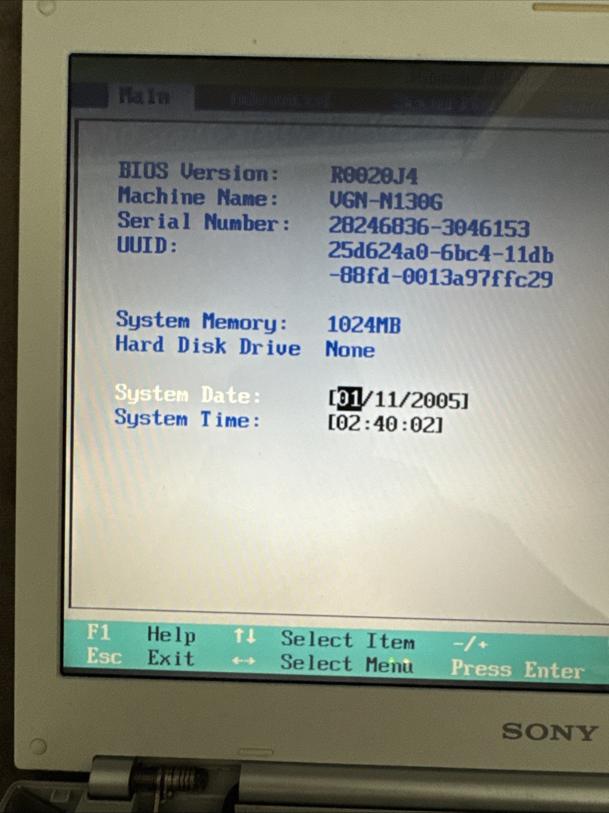 Sony Vaio VGN-N130G Core Duo @ 1.6GHz 1GB RAM, NO HD – PARTS!