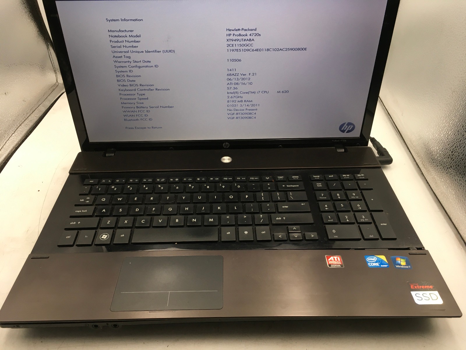 HP PROBOOK 4720S – BOOTS TO BIOS/BIOS LOCK – INTEL I7 M620 – 8GB RAM – READ – BB