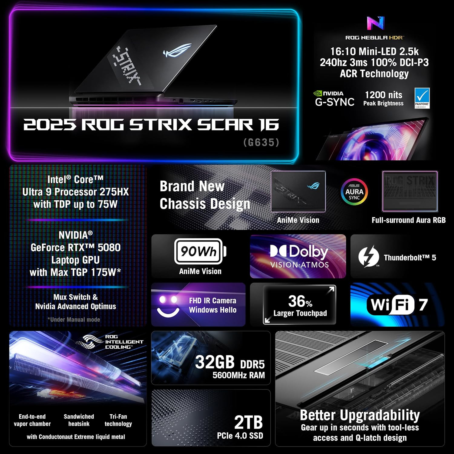 ROG Strix Scar 18 (2025) Gaming Laptop, 18” ROG Nebula HDR 16:10 2.5K 240Hz/3Ms,