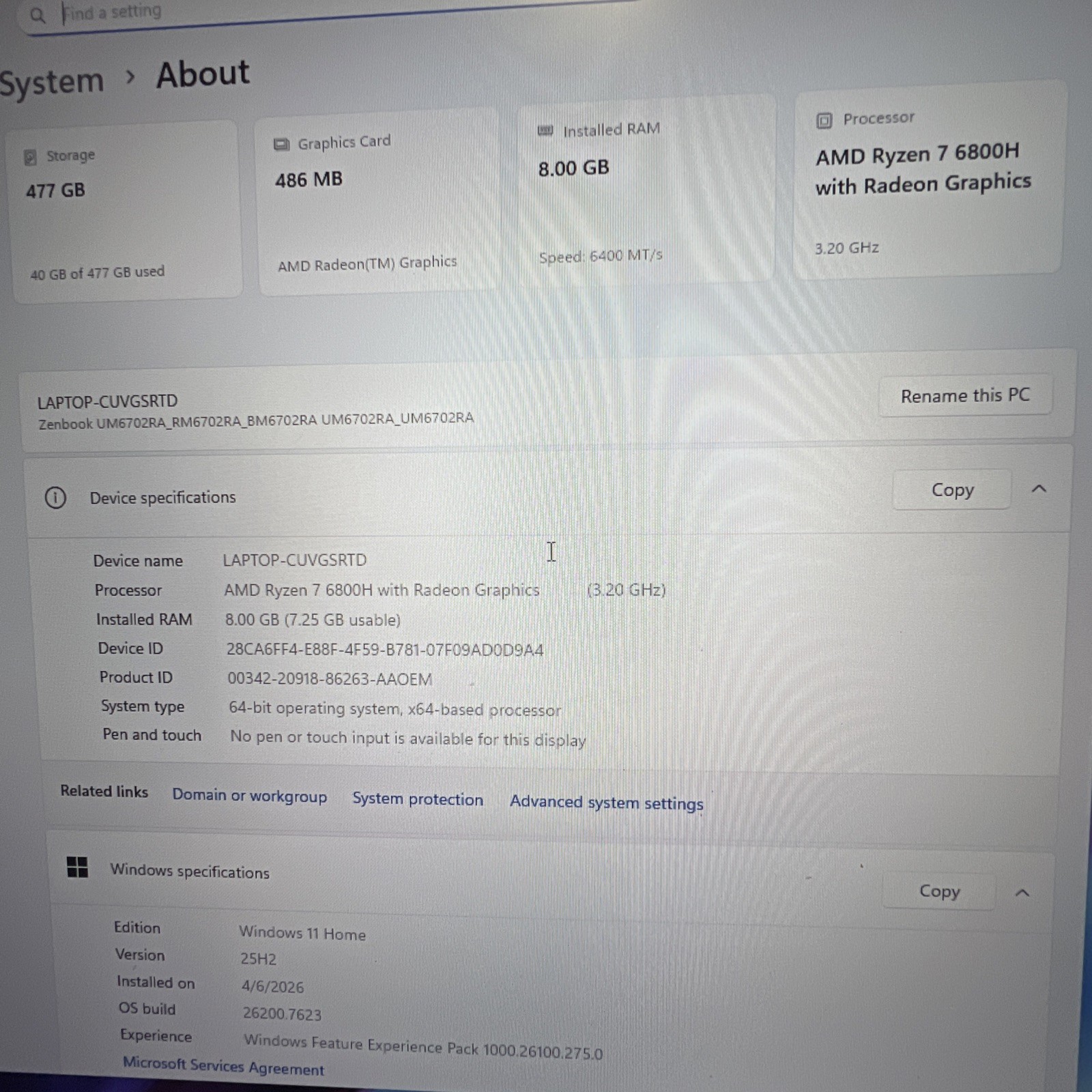 Asus Zenbook UM6702RA. AMD Ryzen 7 6800h. Radeon Graphics. 8gb Ram. 512gb SSD