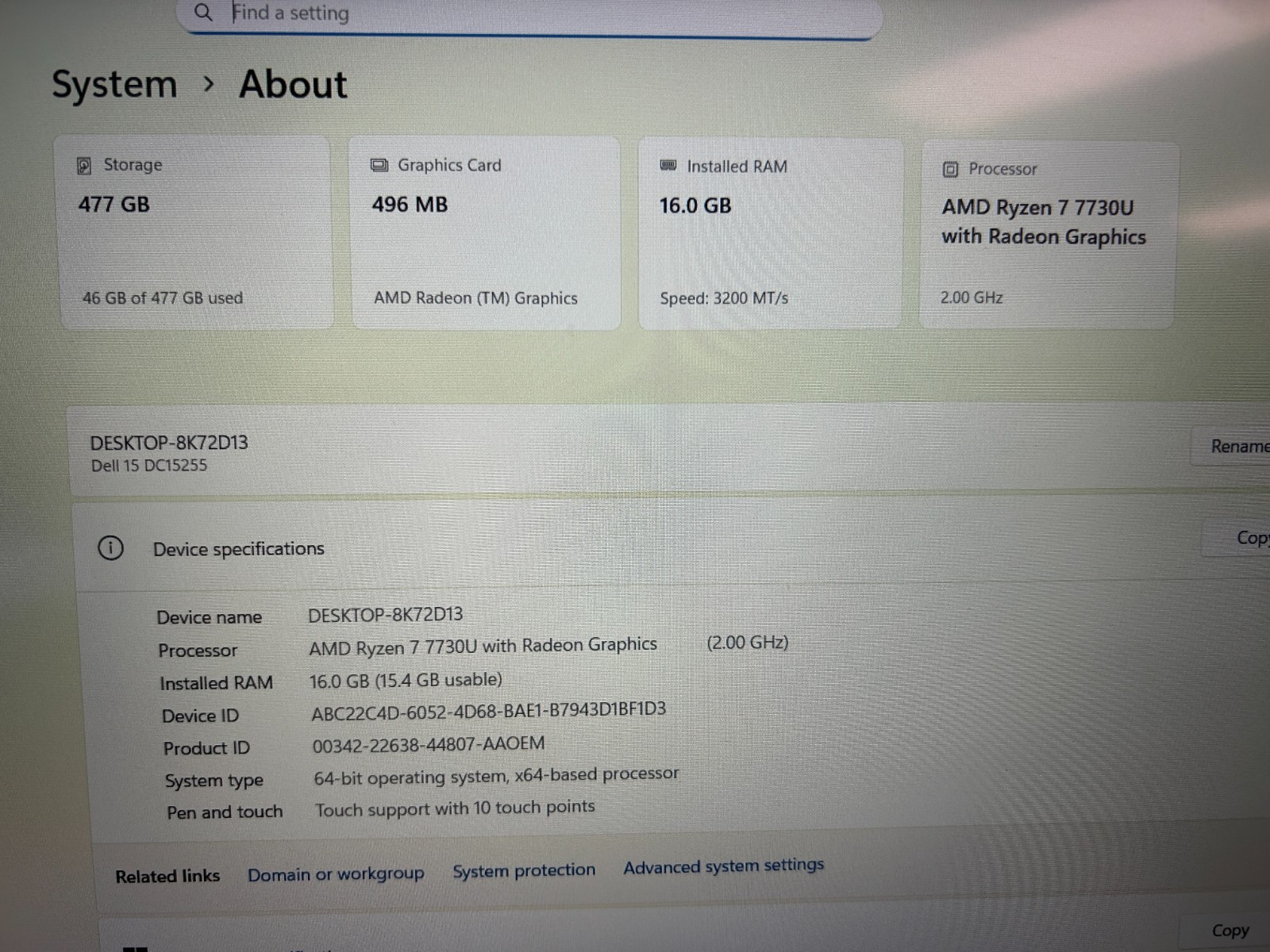 DELL 15 DC15255 G8MK9, AMD Ryzen 7 7730U, 2.00 GHz, 16 GB RAM, 512 GB NVMe SSD