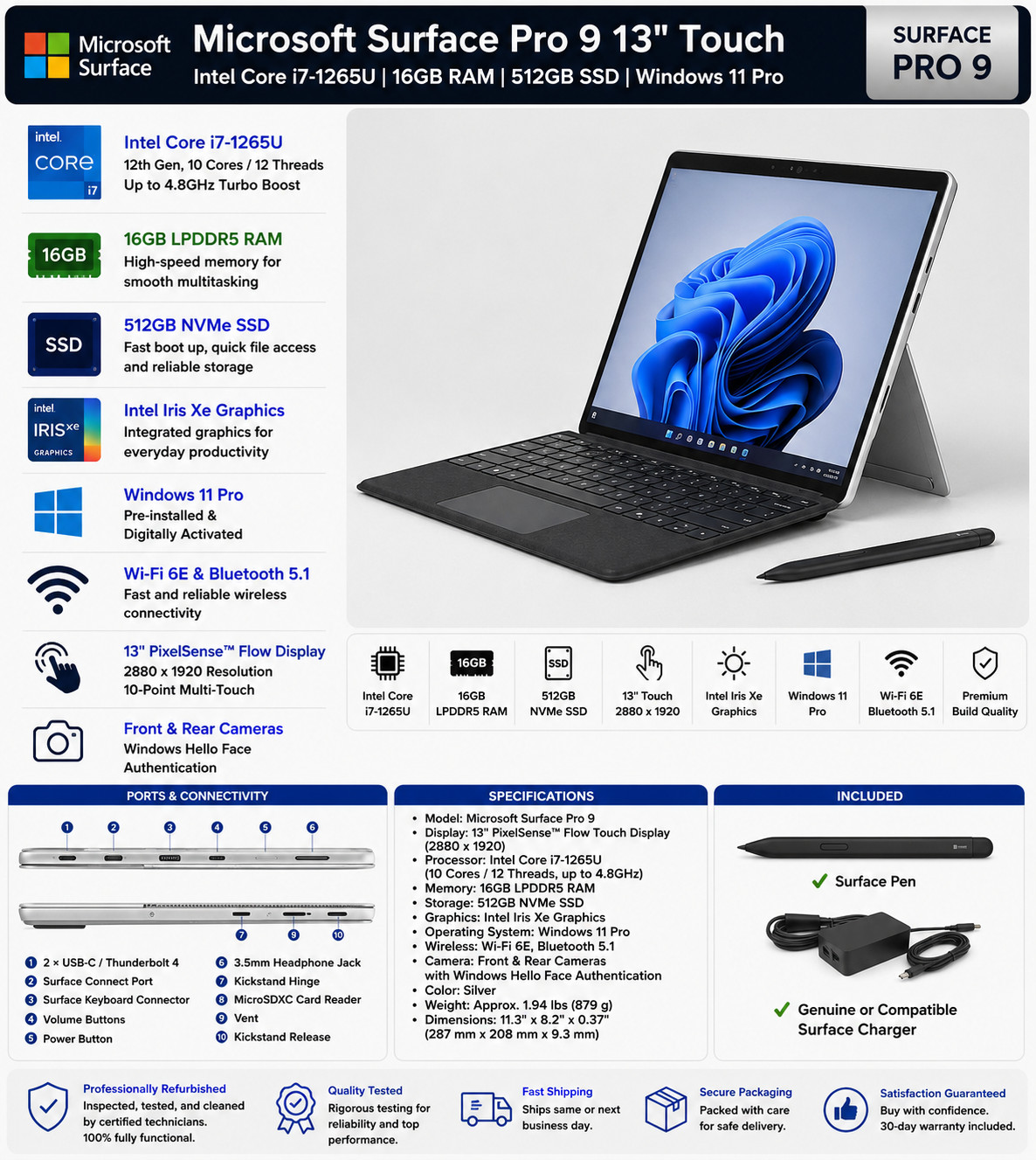 Microsoft Surface Pro 9 13″ Touch Silver i7-1265U 16GB RAM 512GB SSD Win11 Pro