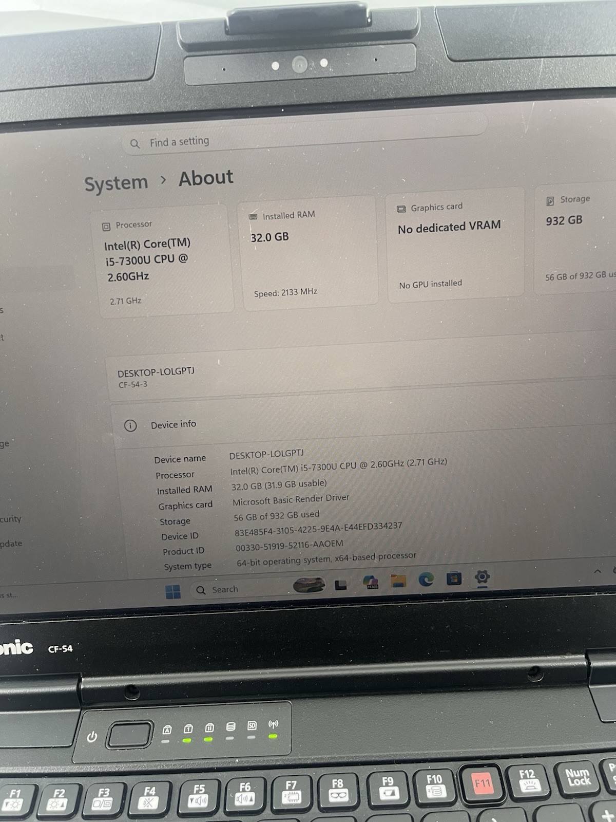 Toughbook Panasonic CF-54 MK3 Intel, Core i5-7300U 32GB RAM 1TB SSD Win11 Pro