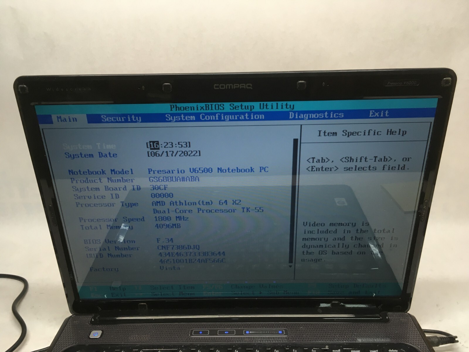 HP Presario V66620us 15″ [AS IS] AMD Athlon 64 X2 Dual Core @ 1.8 GHz – JZ