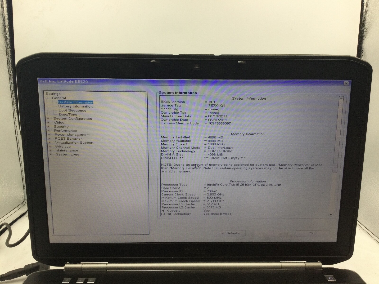 DELL LATITUDE E5520 – BOOTS TO BIOS – INTEL I5 2540 – NO RAM – 15″ – READ – BB!!