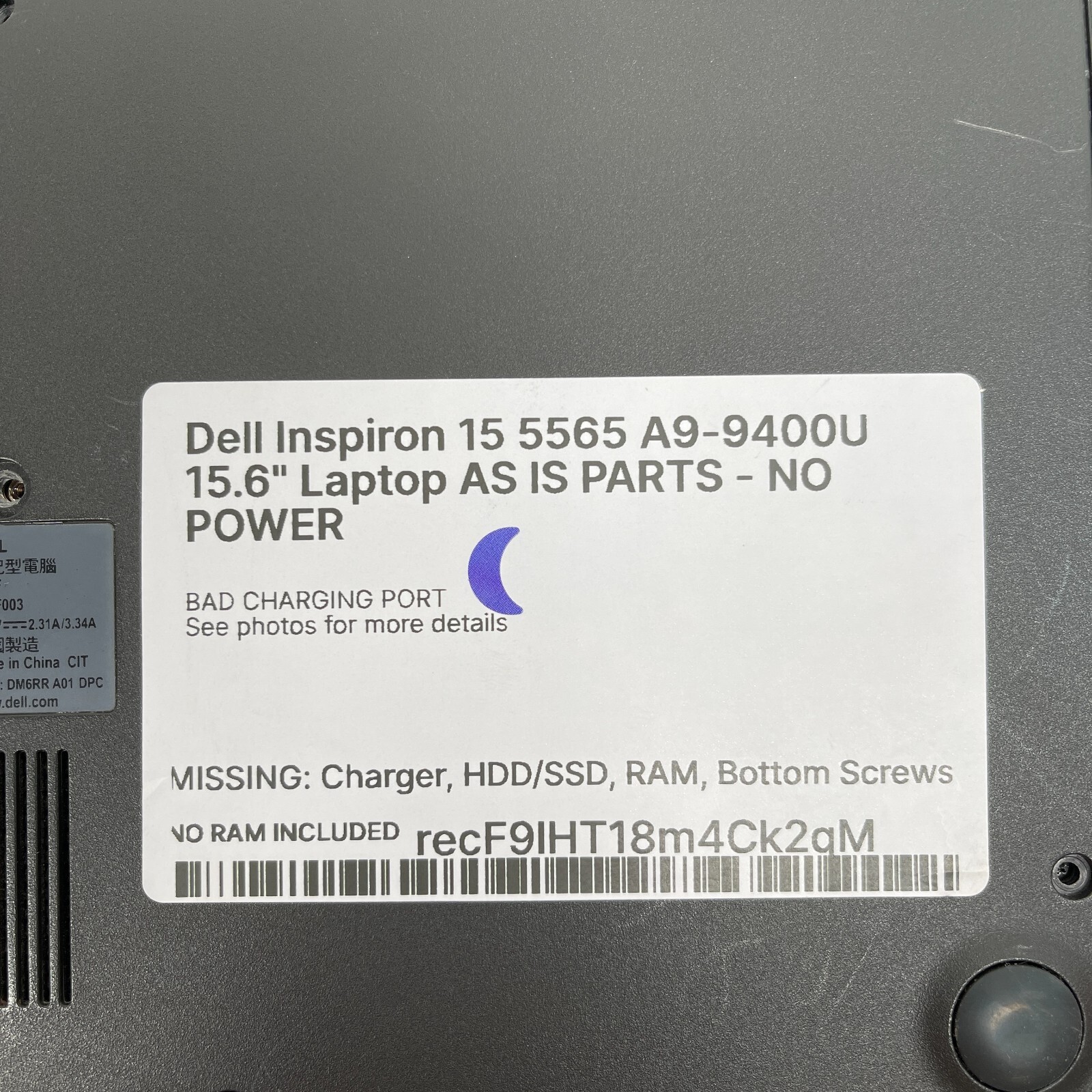 Dell Inspiron 15 5565 AMD A9-9400U 15.6″ Laptop AS IS PARTS – NO POWER