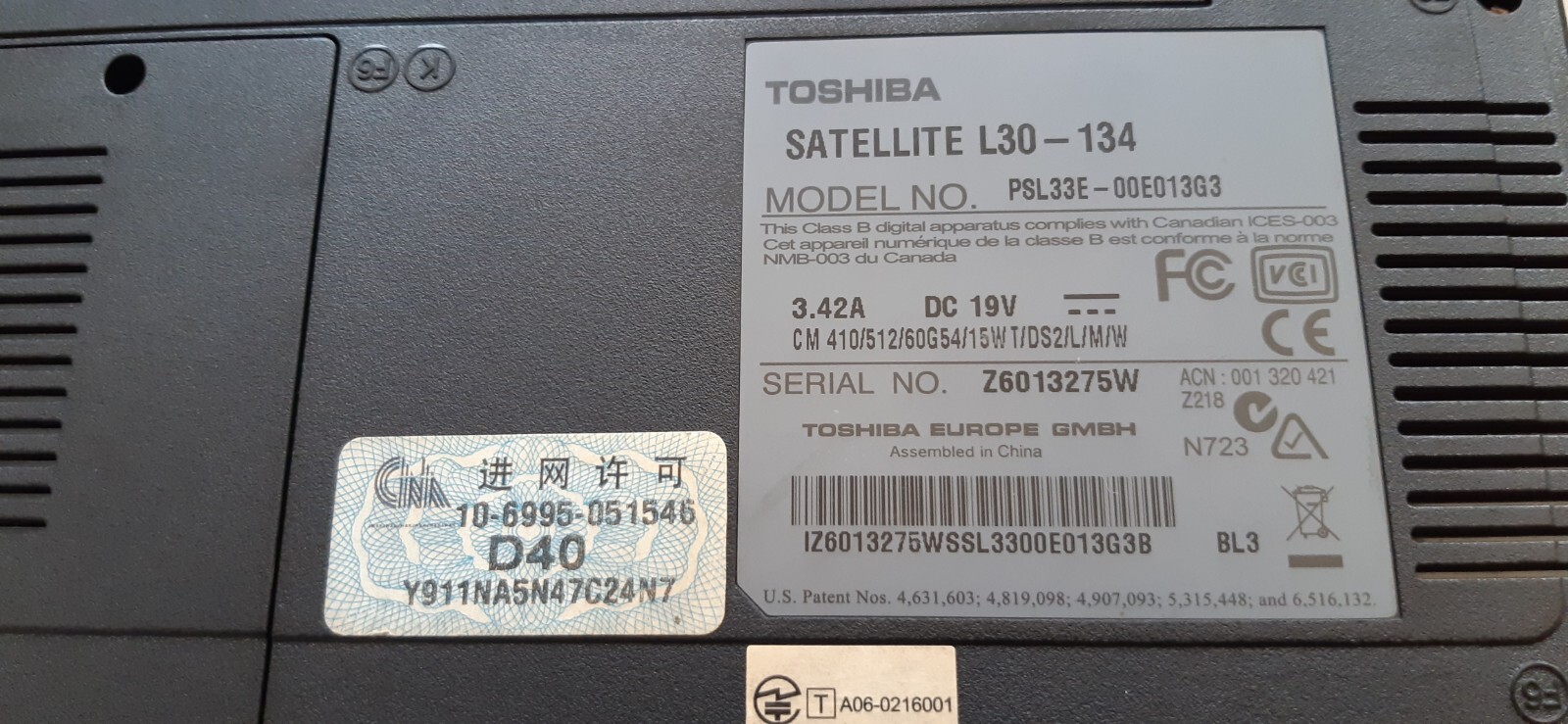 Toshiba Satellite l30-134 Celeron® M CPU 410 1.46 GHz 1.5GB RAM, 120 GB HDD Win7