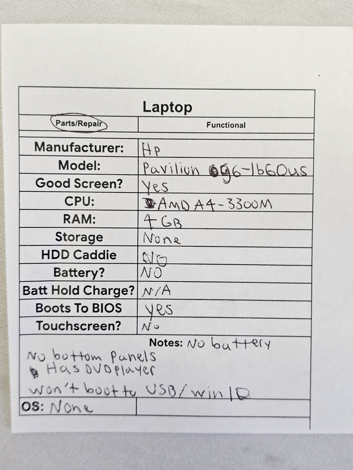 HP Pavilion g6-1b60us Laptop – AMD A4-3300M – 4GB RAM – NO BATT/HDD/OS READ