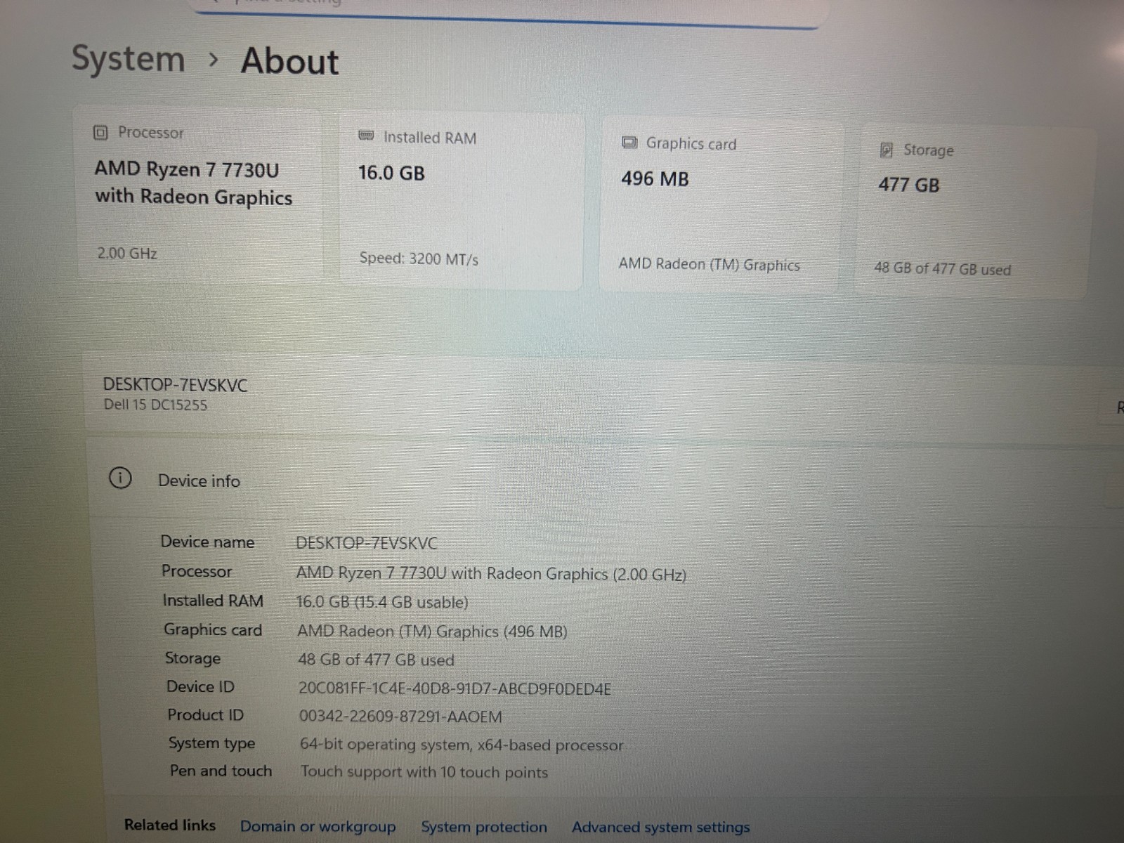 DELL 15 DC15255 G8MK9, AMD Ryzen 7 7730U, 2.00 GHz, 16 GB RAM, 512 GB NVMe SSD