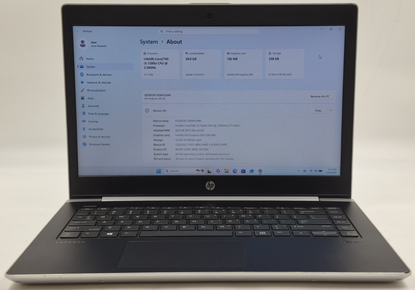 HP ProBook 440 G5 i5-7200U 2.50GHz 20GB RAM 256GB NVMe W11P Laptop