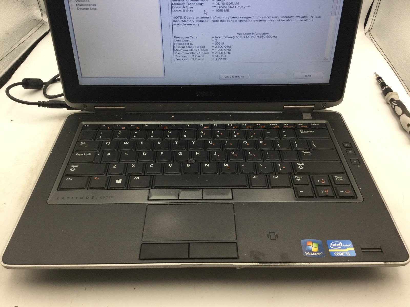 DELL LATITUDE E6330 – BOOTS TO BIOS – INTEL I5 3320 – NO RAM – 13″ – READ – BB!